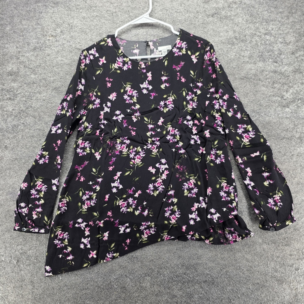 J. Jill Blouse Tunic Womens M Black Floral Round Neck Long Sleeve Boho Top